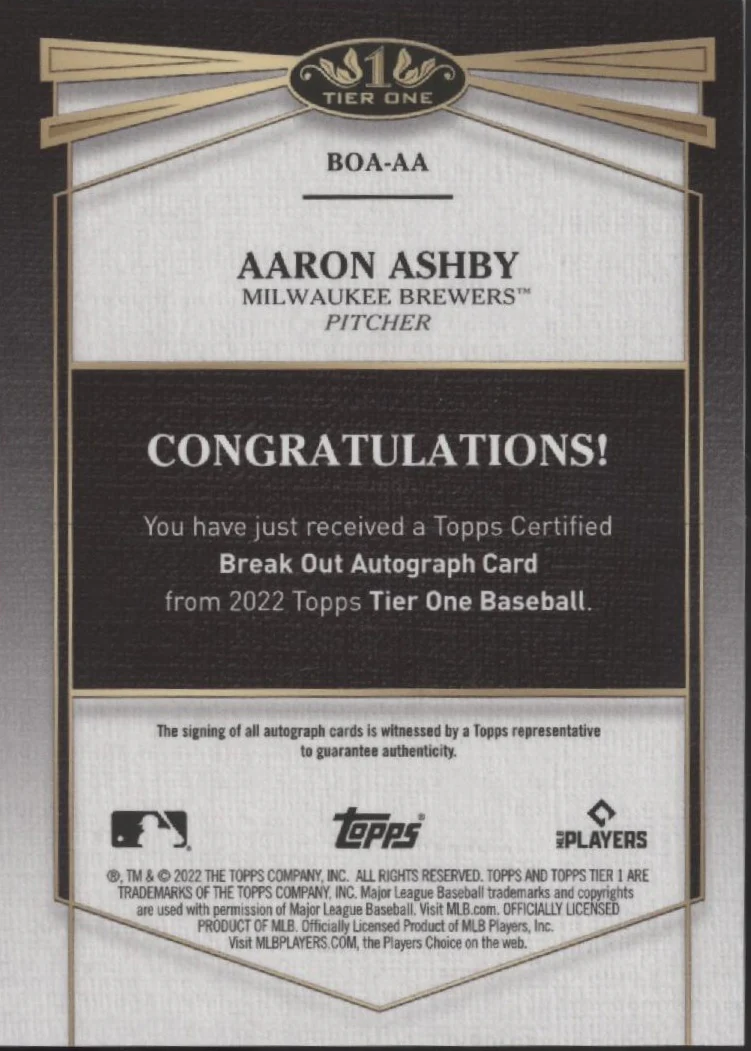 Aaron Ashby 2022 Topps Tier One Break Out RC Auto 096/299 #BOA-AA - Image 2