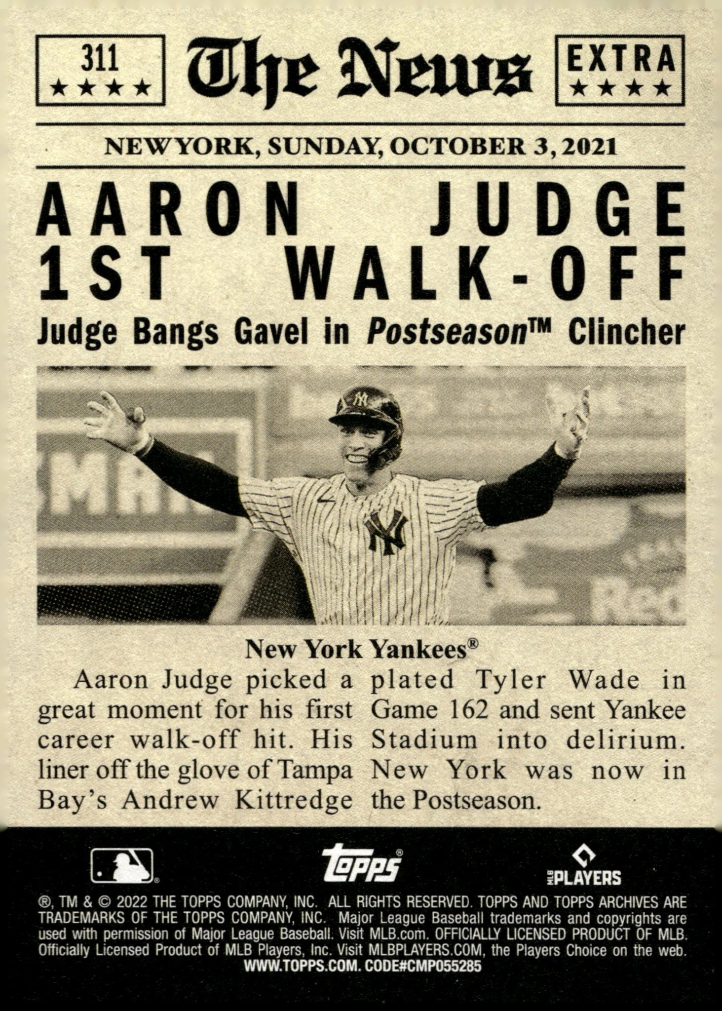 Aaron Judge 2022 Topps Archives First Career Walk-Off #311 - Image 2