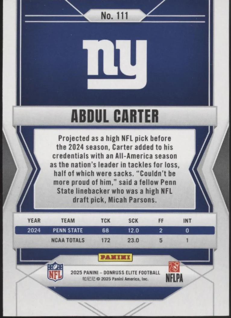 Abdul Carter 2025 Panini Donruss Elite Orange RC 050/199 #111 - Image 2