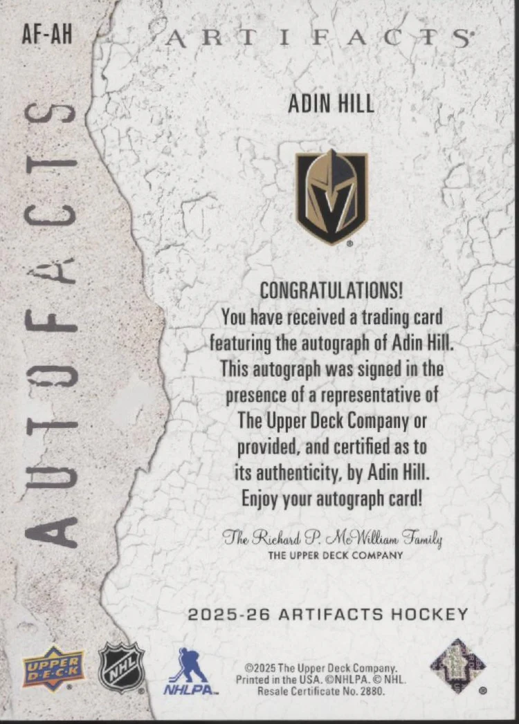Adin Hill 2025-26 Upper Deck Artifacts Auto #AF-AH - Image 2