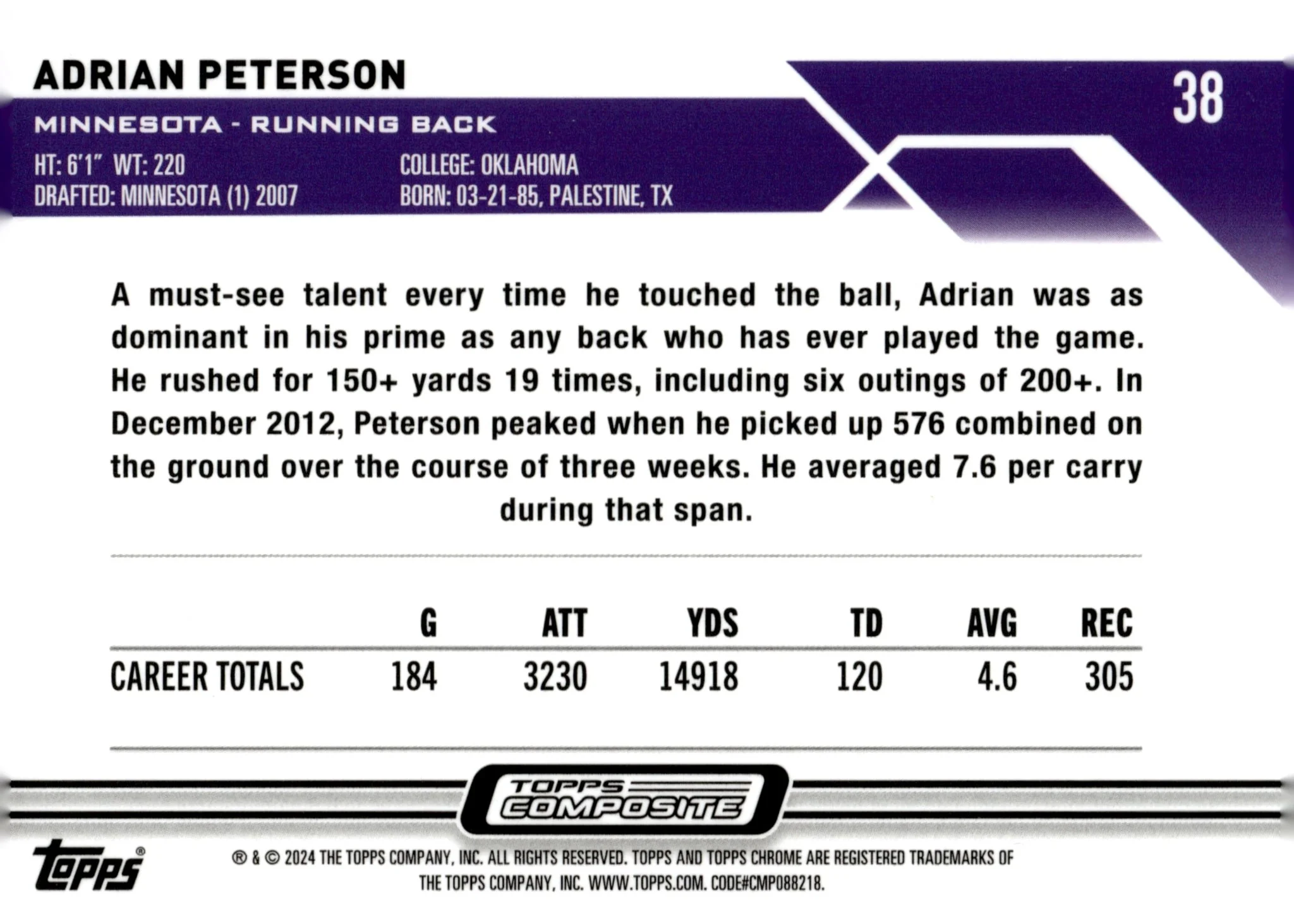Adrian Peterson 2023 Topps Composite Chrome Magenta Refractor 184/399 #38 - Image 2