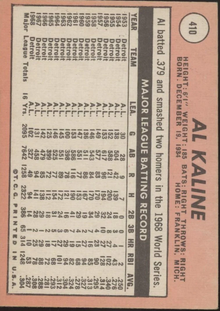Al Kaline 1969 Topps #410 Detroit Tigers VG - Image 2