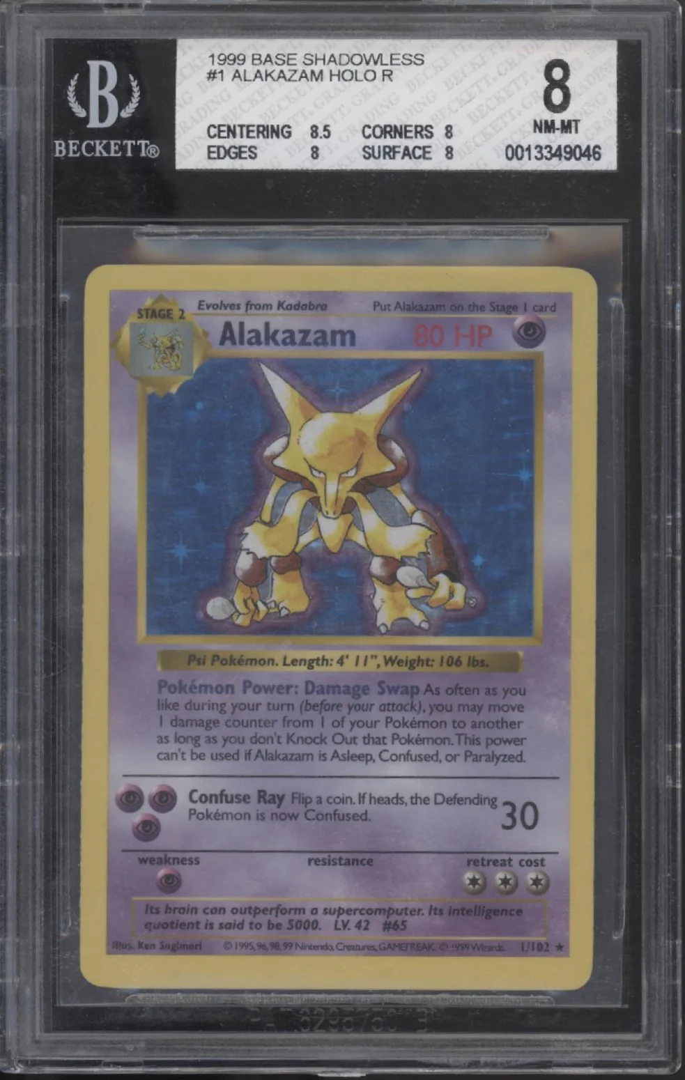 Alakazam Pokemon Base Set Shadowless Holo #1 Beckett 8