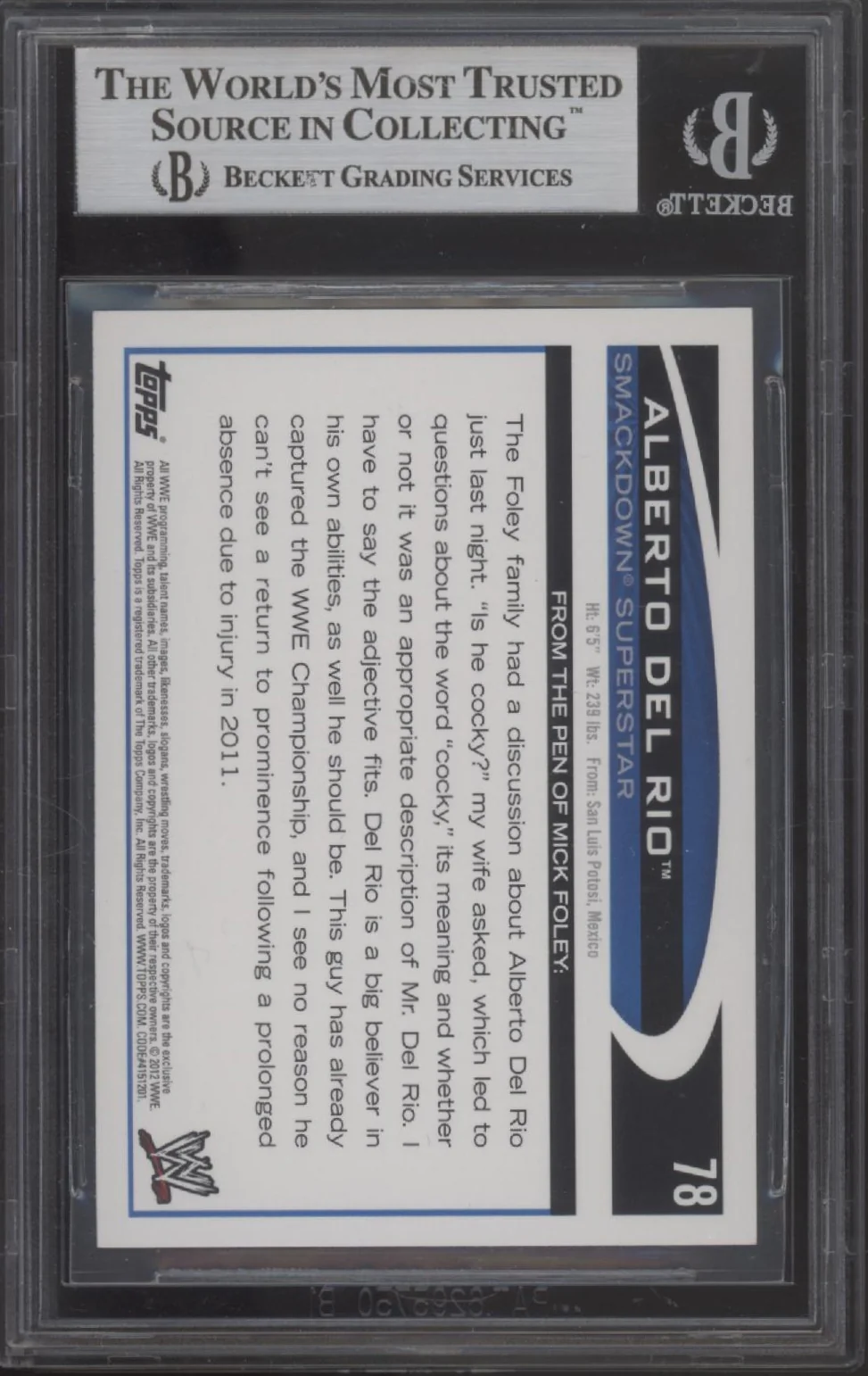 Alberto Del Rio 2012 Topps #78 with Beckett Authentic Auto - Image 2
