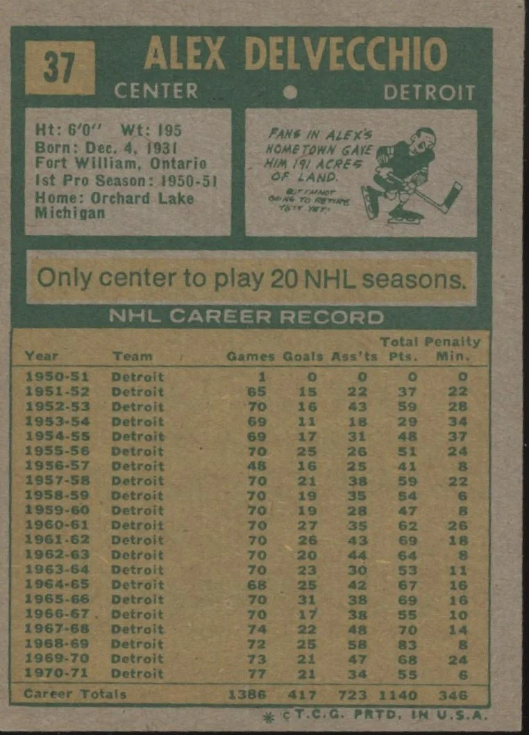 Alex Delvecchio 1971-72 Topps #37 Detroit Red Wings EX-NM - Image 2