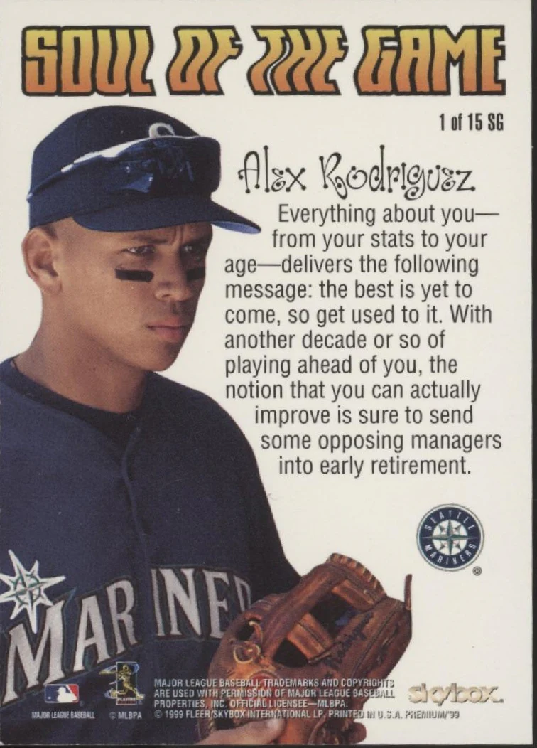 Alex Rodriguez 1999 Skybox Premium Soul of the Game #1 - Image 2
