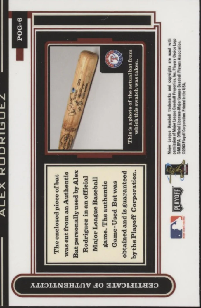 Alex Rodriguez 2003 Playoff Piece of the Game Bat Relic #POG-6 - Image 2