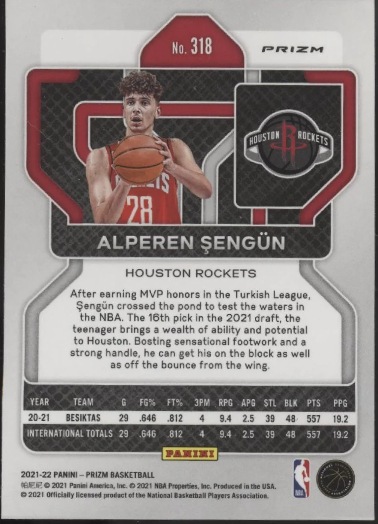 Alperen Sengun 2021-22 Panini Prizm Silver Prizm RC #318 - Image 2
