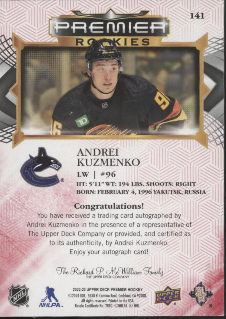 Andrei Kuzmenko 2022-23 Upper Deck Premier Rookies RC Auto #141 - Image 2