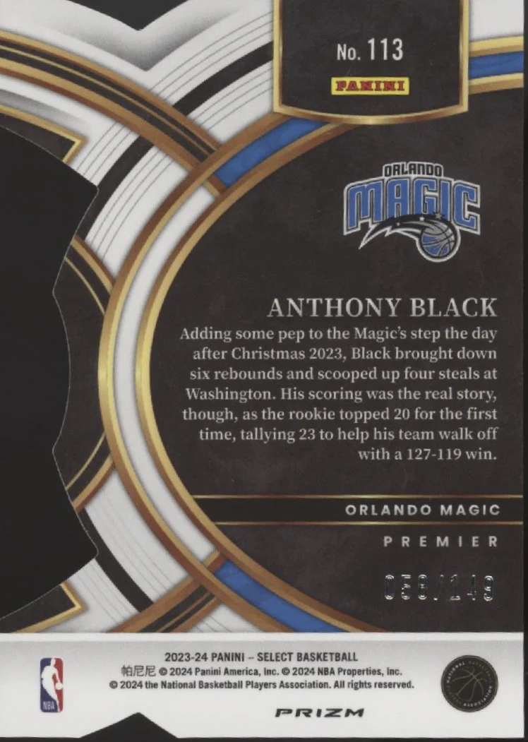 Anthony Black 2023-24 Panini Select Die-Cut Prizm Prizm RC 058/149 #113 - Image 2