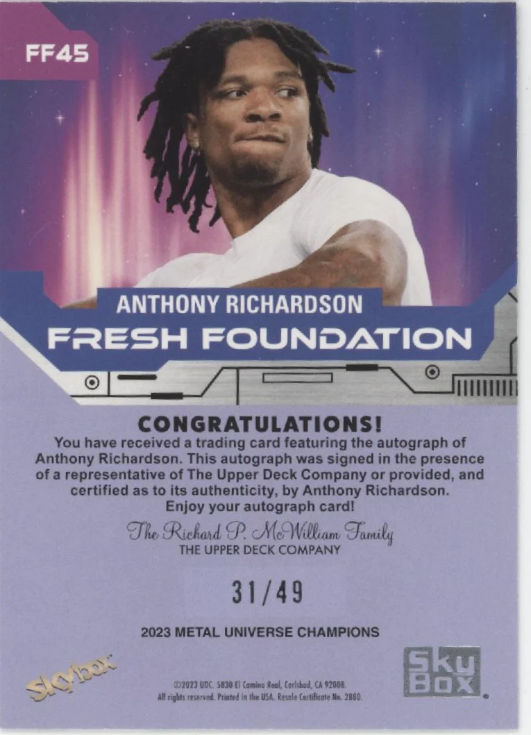 Anthony Richardson 2023 Metal Universe Champions Fresh Foundation RC Auto 31/49 - Image 2