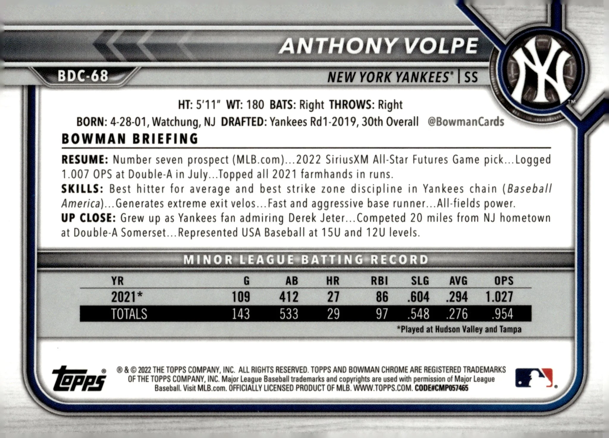 Anthony Volpe 2022 Bowman Chrome Prospects Blue Refractor #BDC-68 - Image 2