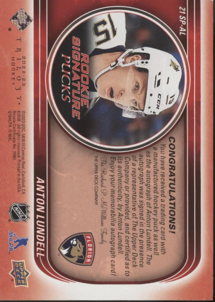 Anton Lundell 2022-23 Upper Deck Trilogy Rookie Signature Pucks Auto #SP-AL - Image 2