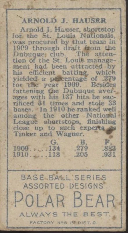 Arnold Hauser 1911 T205 Polar Bear #87 St. Louis Cardinals VG - Image 2