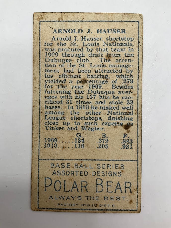 Arnold Hauser 1911 T205 Polar Bear #87 St. Louis Cardinals VG - Image 4
