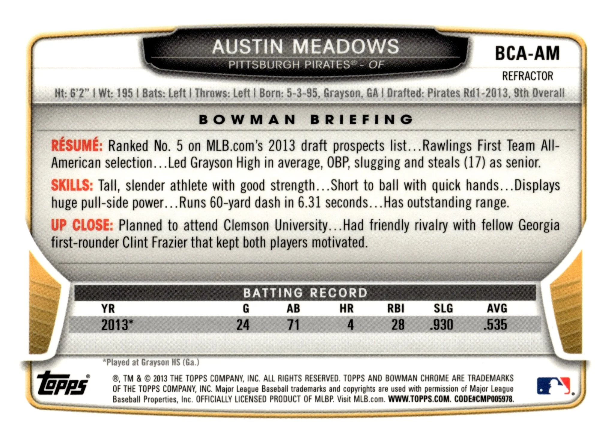 Austin Meadows 2013 Bowman Chrome Refractor Auto #BCA-AM - Image 2
