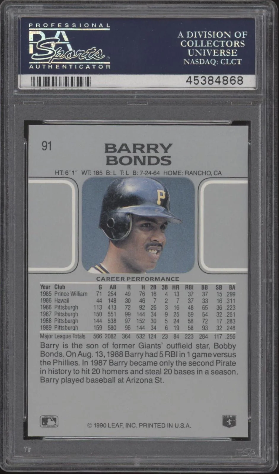 Barry Bonds 1990 Leaf #91 PSA 10 - Image 2