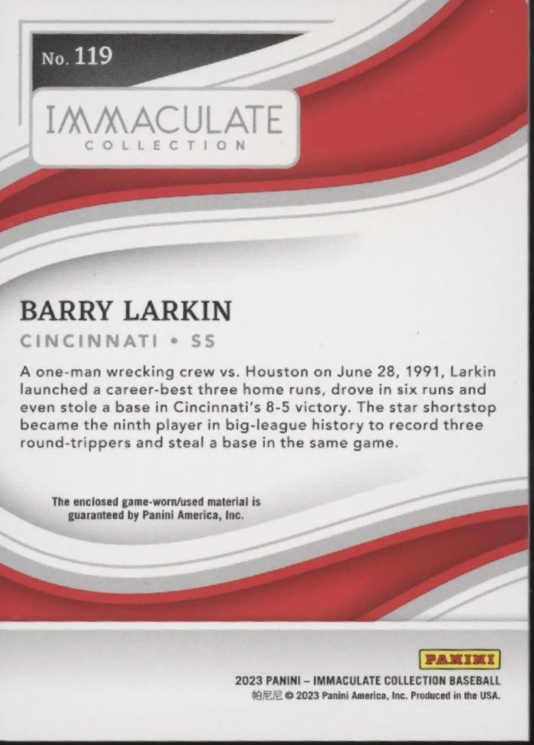 Barry Larkin 2023 Panini Immaculate Collection Swatch 08/10 #199 - Image 2