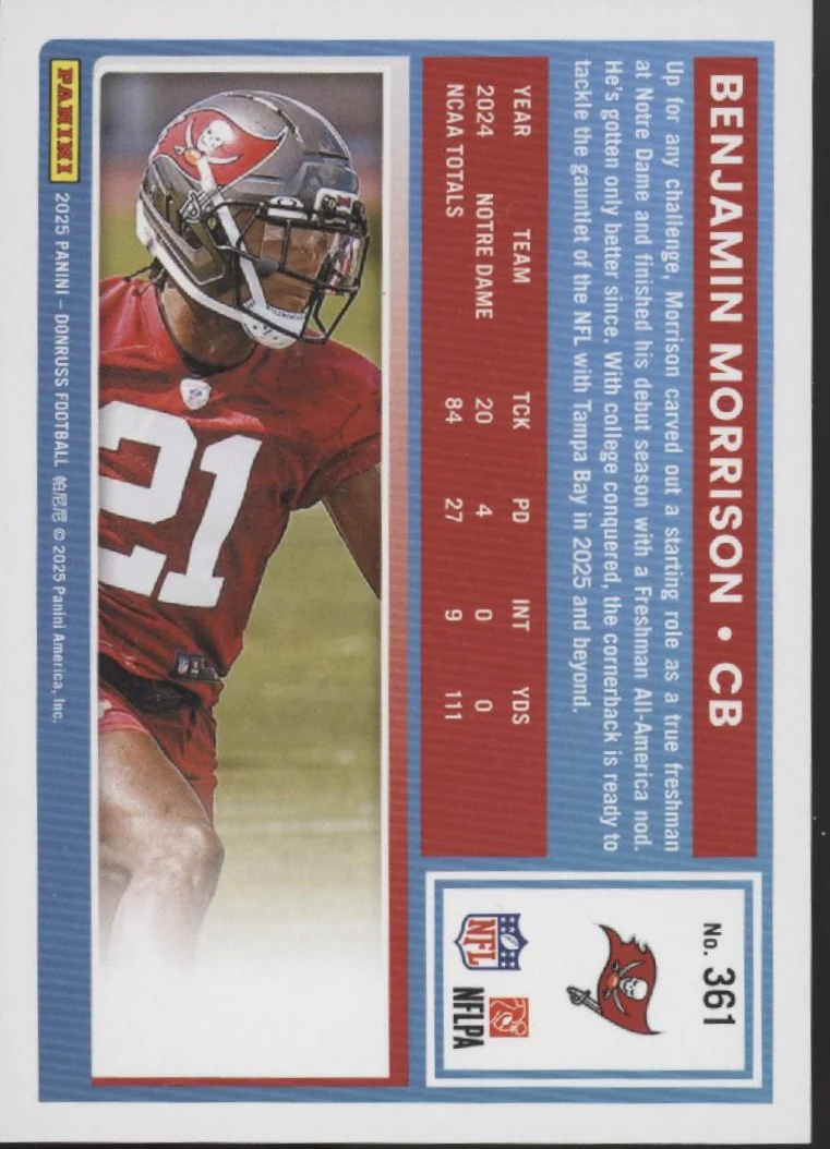 Benjamin Morrison 2025 Panini Donruss Rated Rookie Press Proof Black RC 02/10 - Image 2