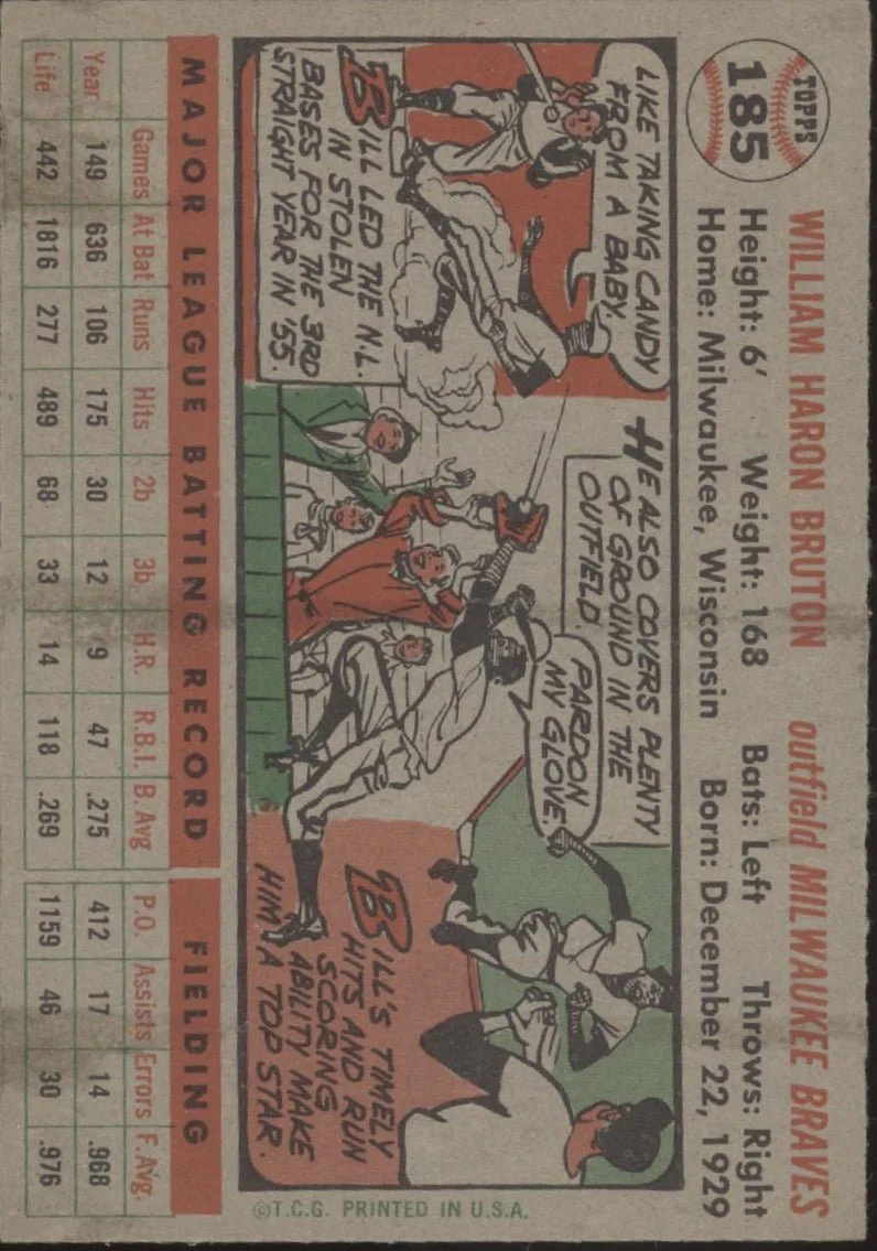 Bill Bruton 1956 Topps #185 Milwaukee Braves EX #2 - Image 2