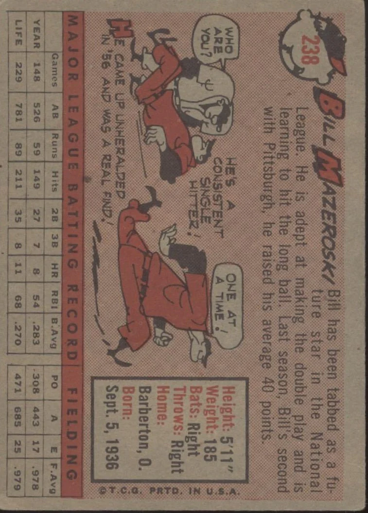 Bill Mazeroski 1958 Topps #238 Pittsburgh Pirates VG-EX - Image 2