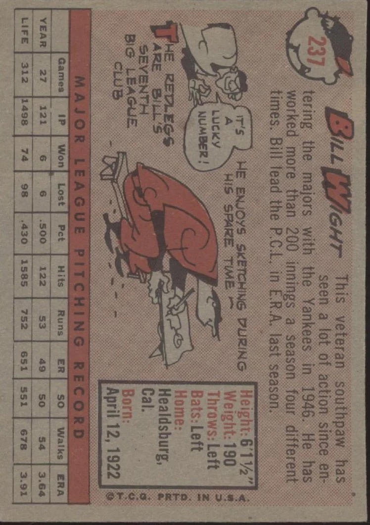 Bill Wight 1958 Topps #237 Cincinnati Redlegs EX - Image 2