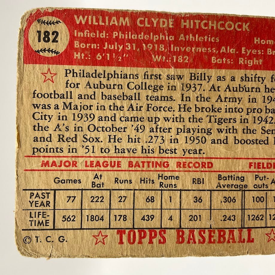 Billy Hitchcock 1952 Topps #182 Philadelphia Athletics PR - Image 6