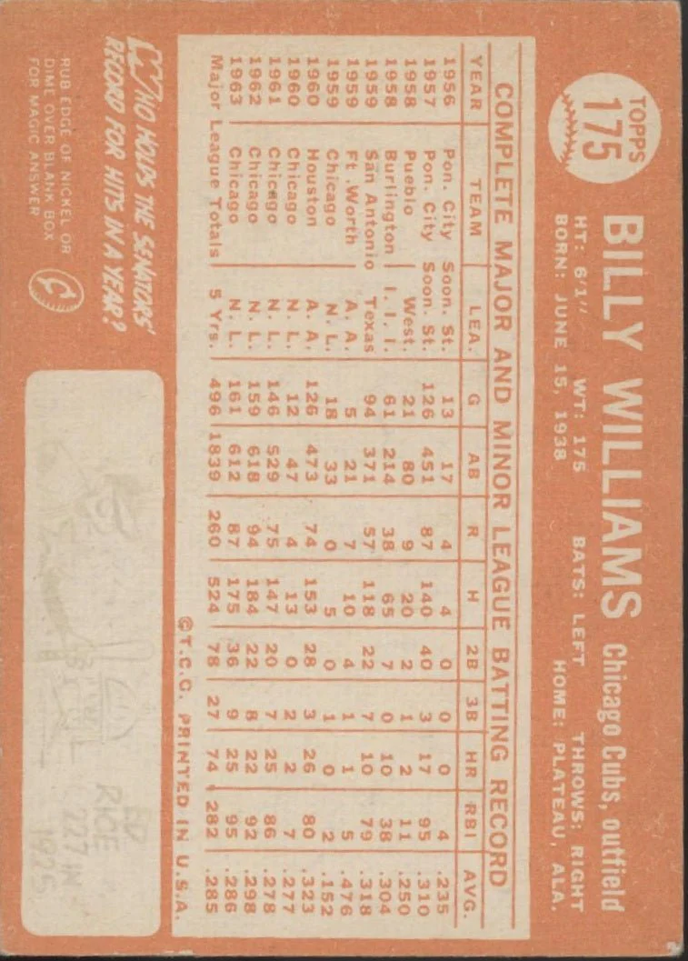 Billy Williams 1964 Topps #175 Chicago Cubs VG-EX - Image 2