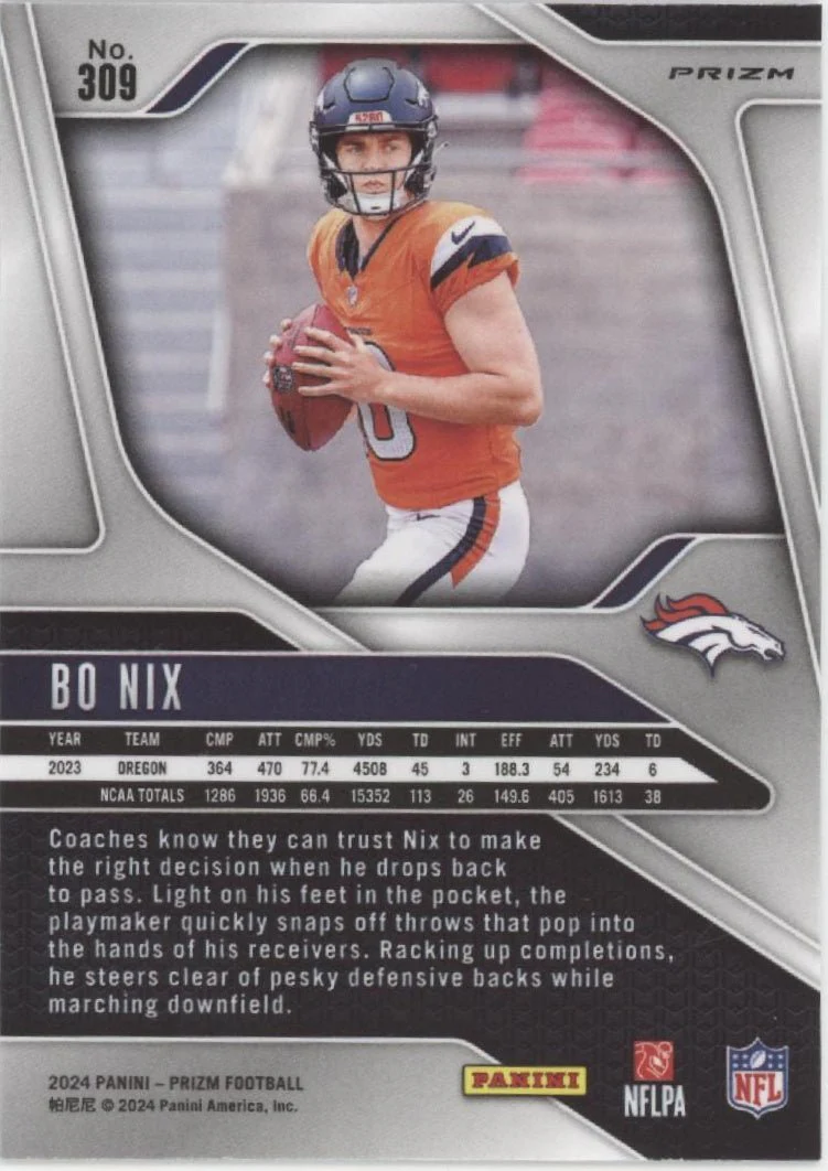 Bo Nix 2024 Panini Prizm No Huddle Prizm RC #309 - Image 2