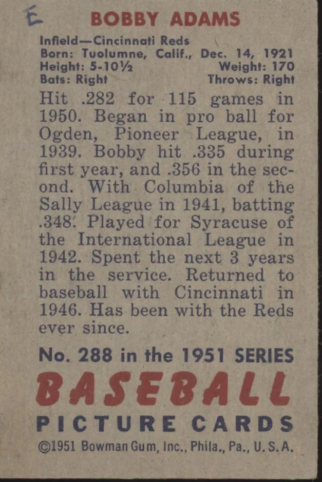 Bobby Adams 1951 Bowman #288 Cincinnati Reds VG Marked - Image 2
