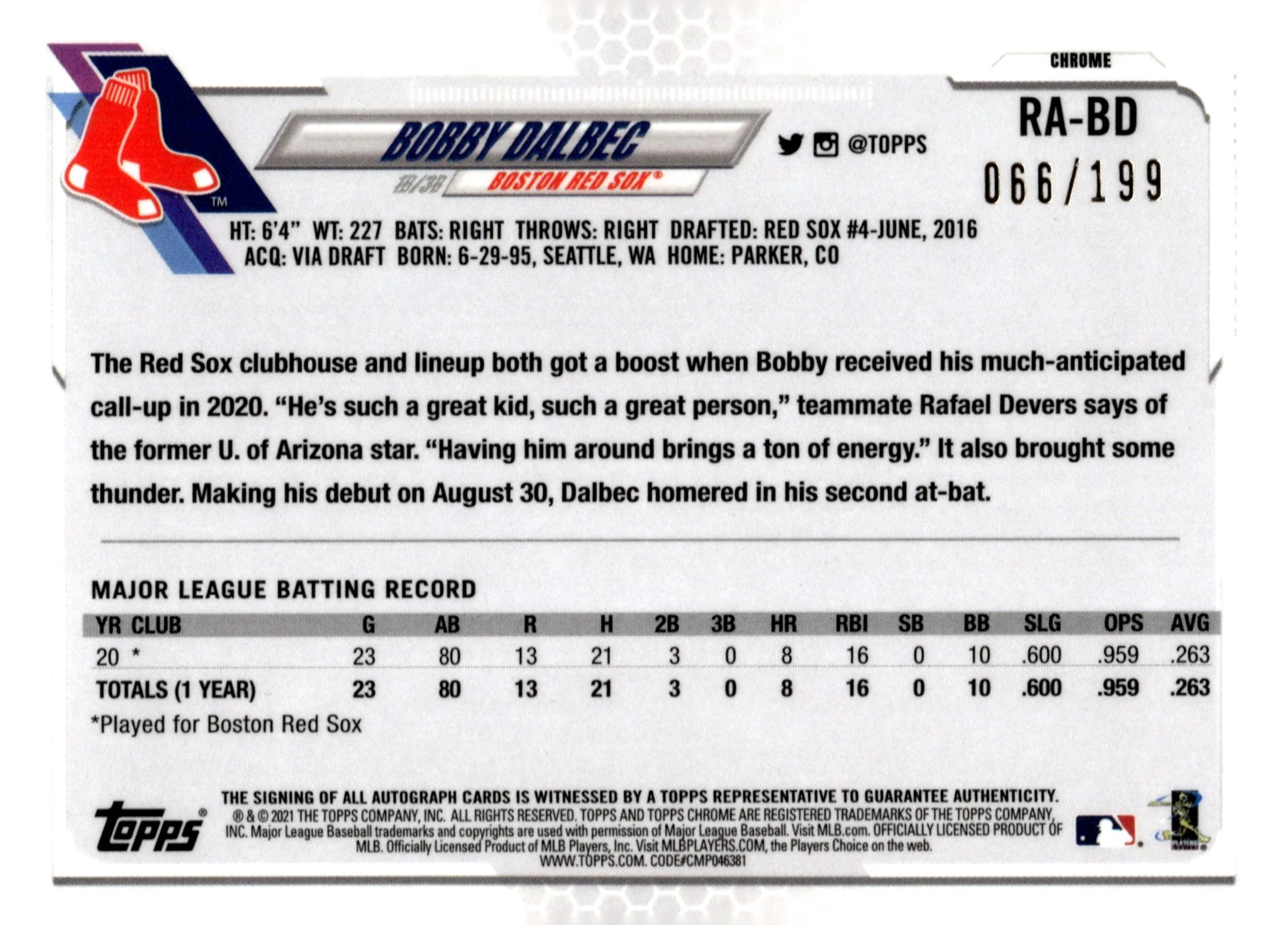 Bobby Dalbec 2021 Topps Chrome Aqua Refractor RC Auto 066/199 #RA-BD - Image 2