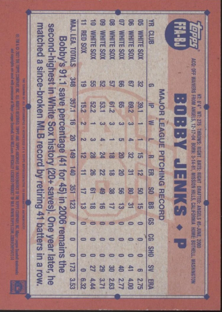 Bobby Jenks 2021 Topps Archives Fan Favorites Auto #FFA-BJ - Image 2