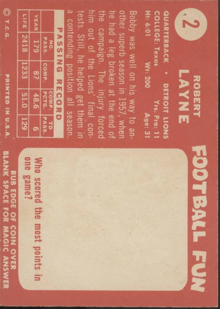 Bobby Layne 1958 Topps #2 Detroit Lions EX - Image 2