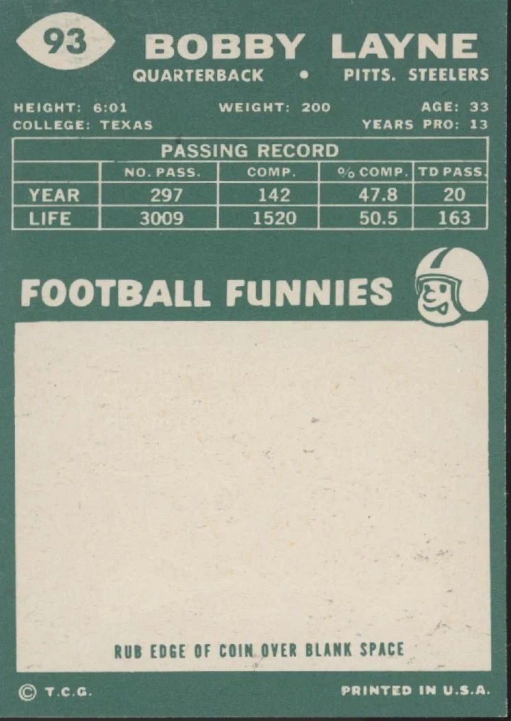 Bobby Layne 1960 Topps #93 Pittsburgh Steelers EX - Image 2