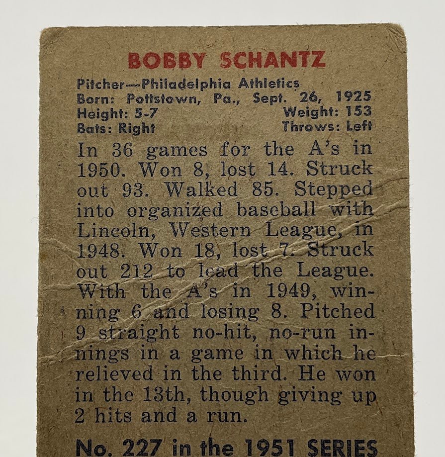 Bobby Schantz 1951 Bowman #227 Philadelphia Athletics GD #1 - Image 4