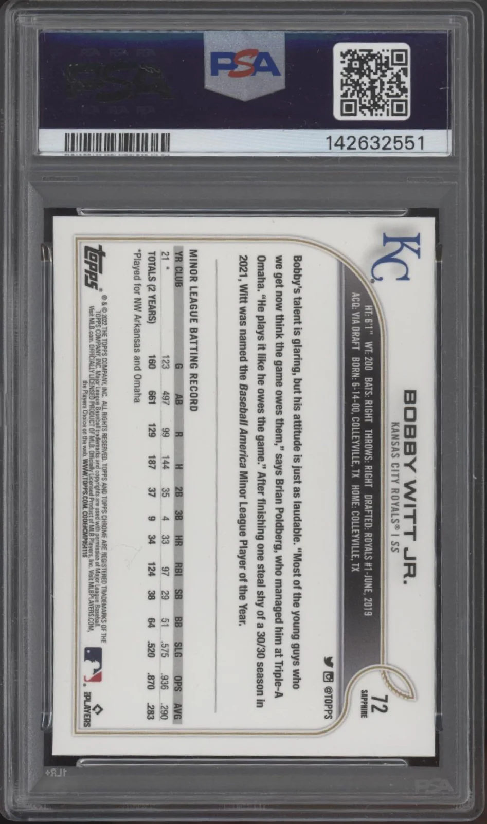 Bobby Witt Jr. 2022 Topps Chrome Sapphire Edition RC #72 PSA 10 - Image 2