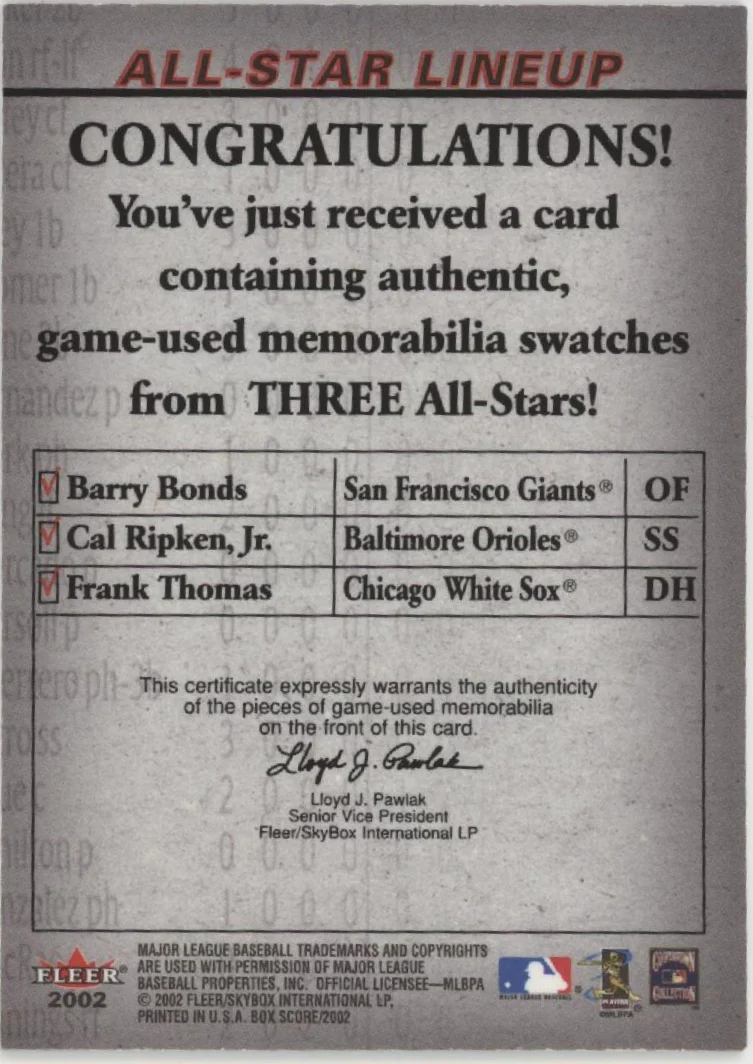 Bonds / Ripken / Thomas 2002 Fleer Box Score All-Star Lineup Relics - Image 2
