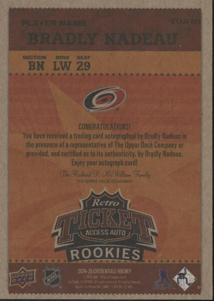 Bradley Nadeau 2024-25 Upper Deck Credentials Retro Ticket Access RC Auto - Image 2