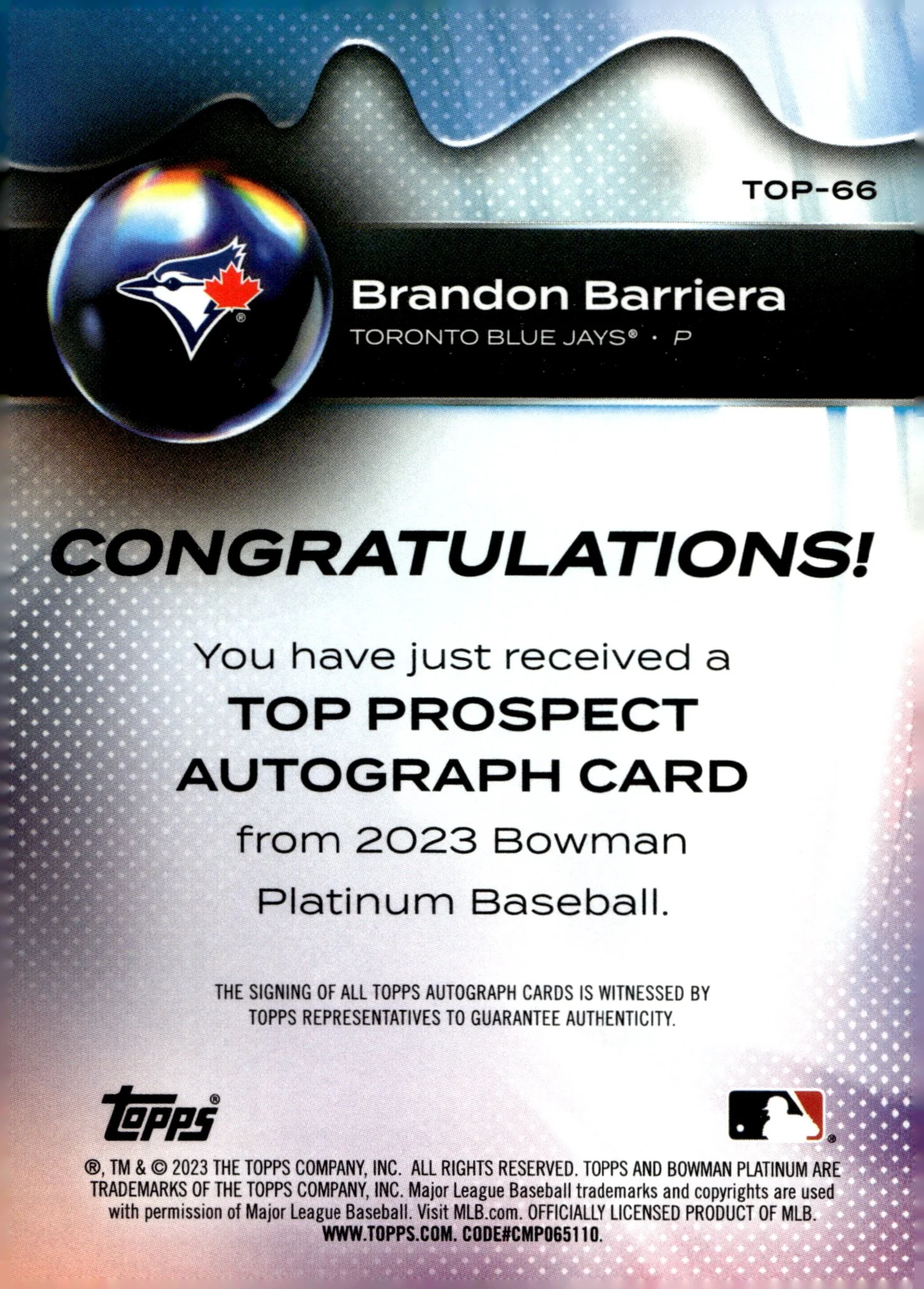 Brandon Barriera 2023 Bowman Platinum Auto #TOP-66 - Image 2