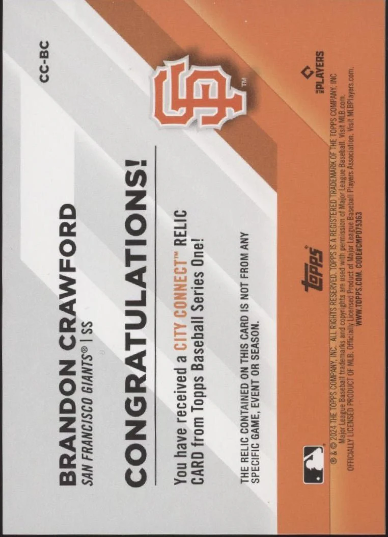 Brandon Crawford 2024 Topps Series 1 City Connection Swatch 173/199 #CC-BC - Image 2