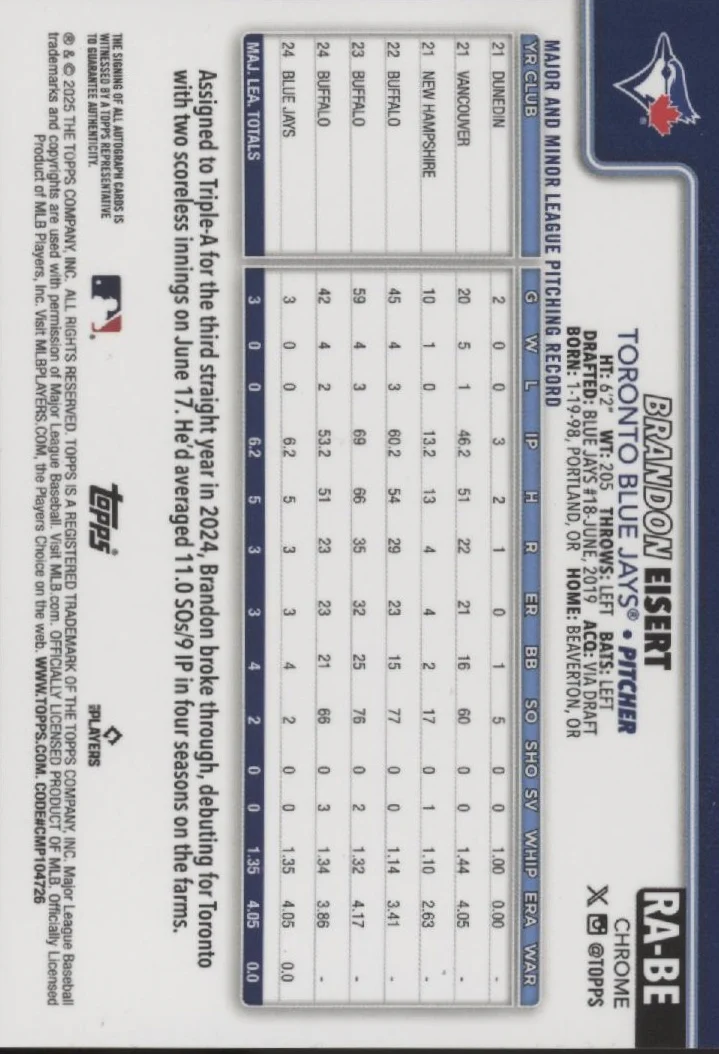 Brandon Eisert 2025 Topps Chrome Gold Refractor RC Auto 29/50 #RA-BE - Image 2