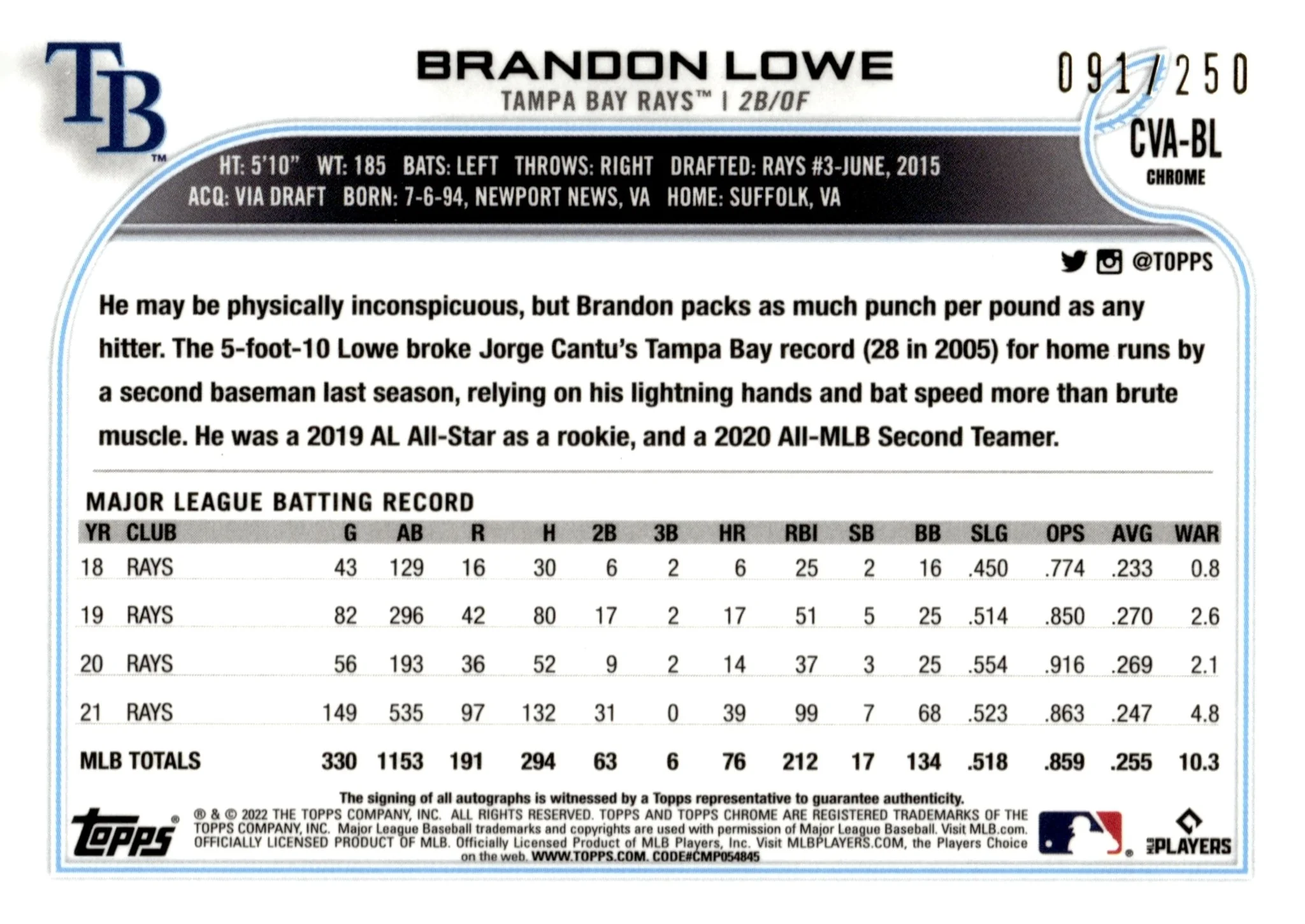 Brandon Lowe 2022 Topps Chrome Purple Refractor Auto 091/250 #CVA-BL - Image 2