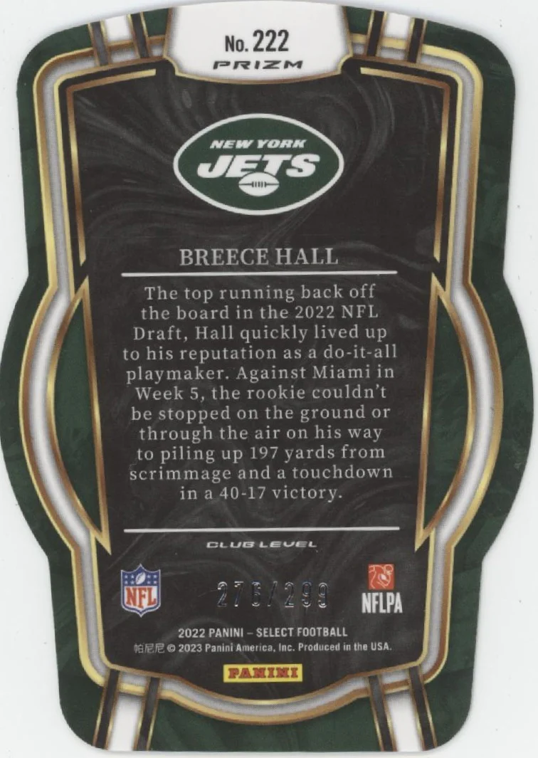Breece Hall 2022 Panini Select Die-Cut Neon Green Prizm RC 276/299 #222 - Image 2