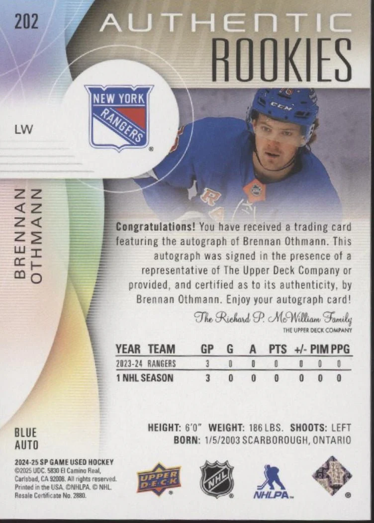Brennan Othmann 2024-25 Upper Deck SP Game Used Authentic Blue RC Auto #202 - Image 2