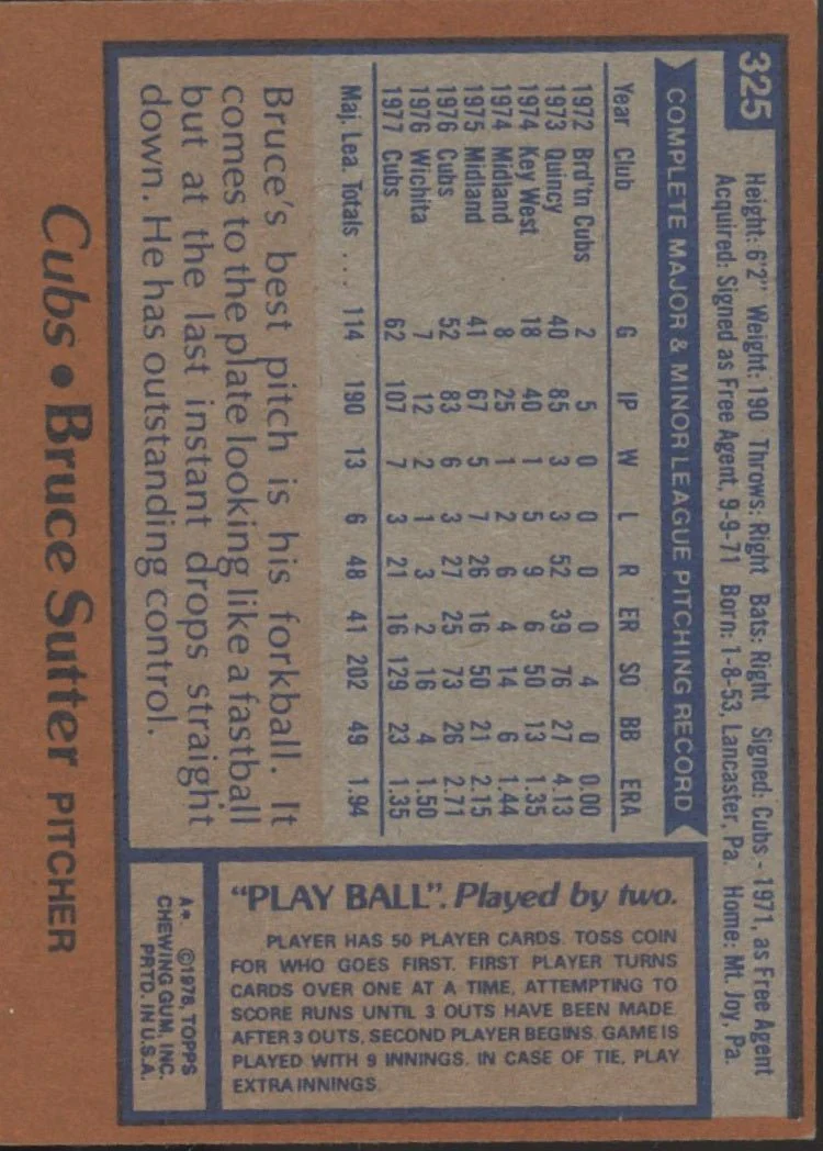 Bruce Sutter 1978 Topps #325 Chicago Cubs EX - Image 2