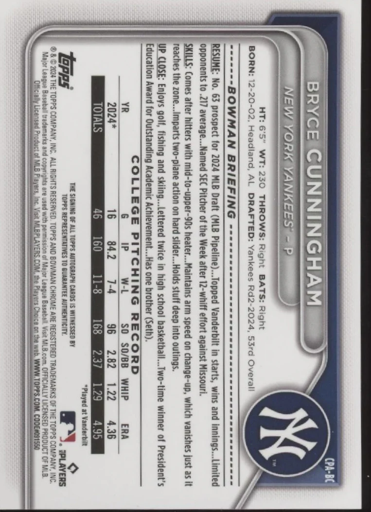 Bryce Cunningham 2024 Bowman Chrome Auto #CPA-BC - Image 2