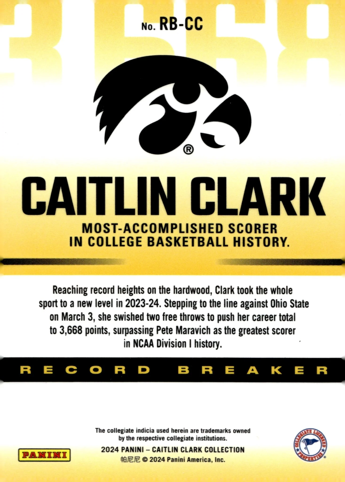 Caitlin Clark 2024 Panini Caitlin Clark Collection Record Breaker 3,668 #RB-CC - Image 2