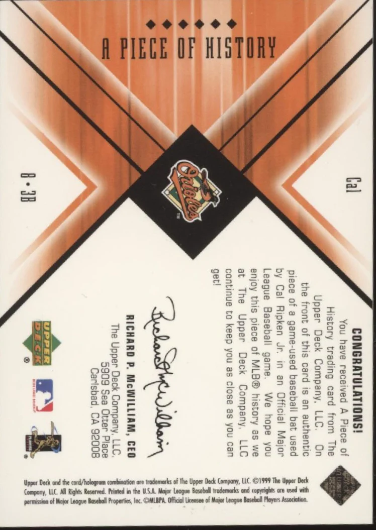 Cal Ripken Jr. 1999 Upper Deck Black Diamond A Piece of History Bat Relic - Image 2