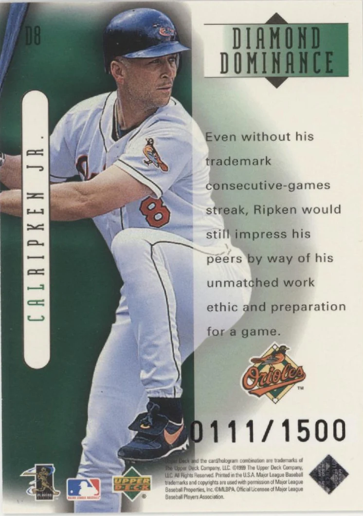 Cal Ripken Jr. 1999 Upper Deck Black Diamond Dominance 0111/1500 #D8 - Image 2