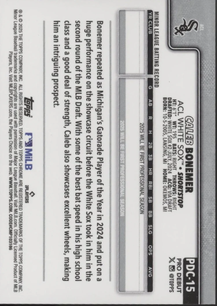 Caleb Bonemer 2025 Topps Chrome Pro Debut Gold Refractor 50/50 #PDC-15 - Image 2